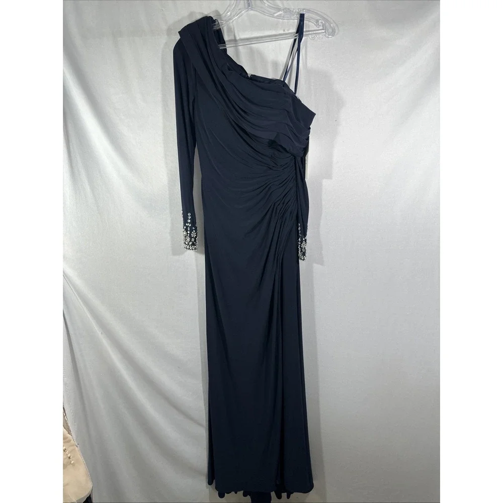 NWT $398 Mac Duggal [ 6 ] 12527 Bead Cuff Drop Shoulder Gown Midnight Blue J1697 - Picture 8 of 14